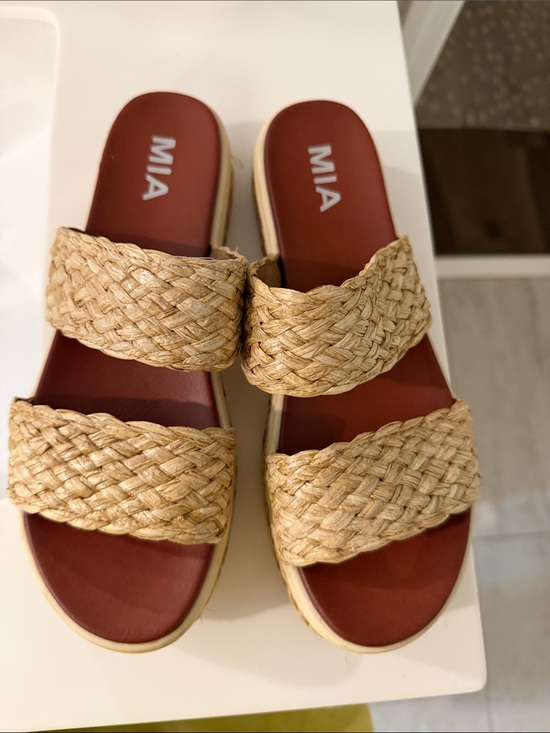 MIA Shoes - MIA Braided Natural-Tone Double Band Slide Sandals Raffia